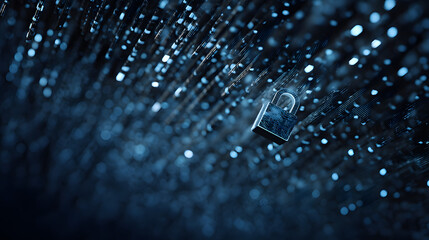 Futuristic padlock floating inside stream of glowing binary