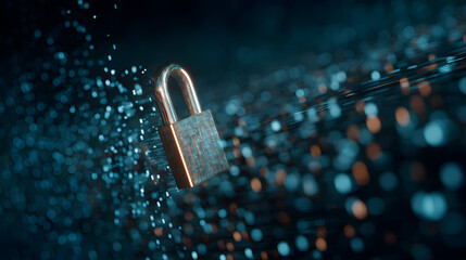 Futuristic padlock floating inside stream of glowing binary