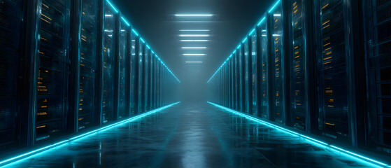 Futuristic server racks glowing with blue neon light