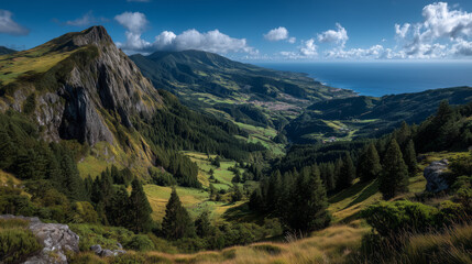 Fototapeta premium Panoramic Mountain Landscape of Ponta Delgada Island Azores with Green Vegetation and Blue Sky