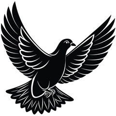 Black dove in flight with outstretched wings against a