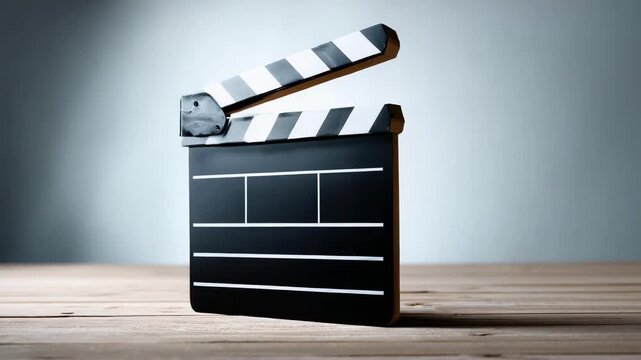 A film clapperboard on a wooden surface, with a striped clapper perched on top.