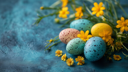 Obraz premium Colorful Easter Eggs with Yellow Flowers on Blue Background for Spring Holiday