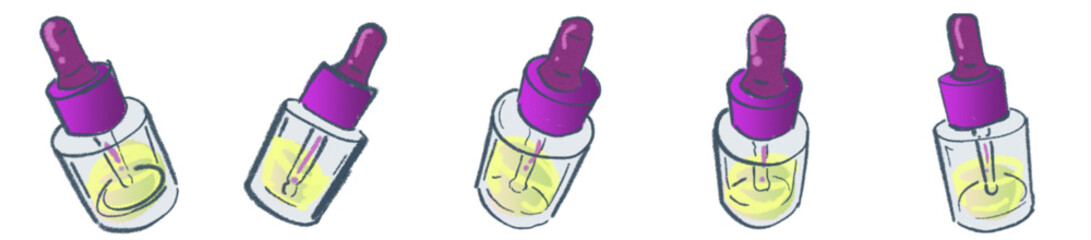 Skincare Dropper Bottle Illustration Set &ndash; Cute Cosmetic Serum and Essential Oil Bottle Vector for Beauty Branding and Packaging Design