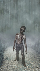 Naklejka premium Indonesian southeast asian scary male zombie with a wound and blood haunted the old stone bridge. The scene is scary and creepy. Dramatic smoke or fog effect. Concept of Spooky Halloween