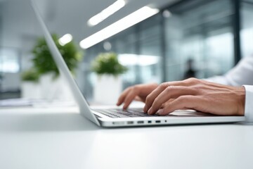 A person types on a laptop in a modern office environment, symbolizing technology, productivity, remote work, or digital communication.