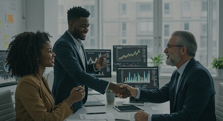 Business team celebrating success with growth charts on screen, handshakes and smiles, professional office environment