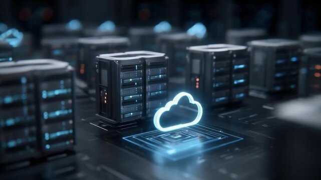 Futuristic data center with rows of server racks and a glowing cloud icon representing cloud computing.