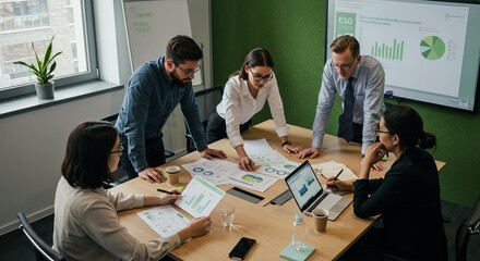 Diverse business executives analyzing upward trending graphs on tablet, optimistic expressions, modern office