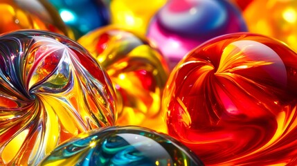 Abstract multicolored glass orbs, artistic swirl patterns with vibrant reflections, colorful spheres