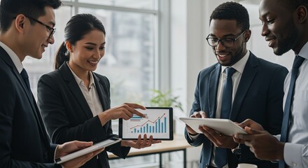 Diverse business executives analyzing upward trending graphs on tablet, optimistic expressions, modern office