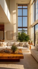 living and dining room with large glass windows, walls with no artwork, beige sofa in linen fabric, cushions, wooden coffee table