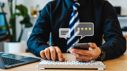Person typing on keyboard and holding smartphone with chat bubbles and star rating icons online review