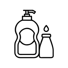 Line art illustration of a pump dispenser bottle and a small bottle with a drop