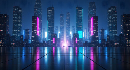 Futuristic cityscape with vibrant neon lights reflecting on wet ground at night