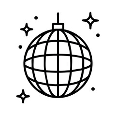 Simple line art icon of a disco ball hanging with sparkling stars and dots