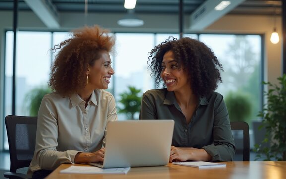 Two Diverse Multiethnic Female Have a Discussion in Meeting Room Behind Glass Walls in an Agency. Creative Director and Project Manager Compare Business Results on Laptop and App Designs in an Office.