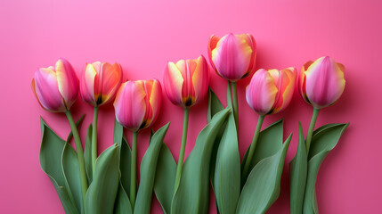Naklejka premium Seven Colorful Tulip Flowers Display on Pink Background in Flat Lay Style Top View