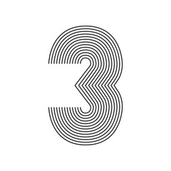 Number three 3 Line Art in black thin lines striped isolated on white background. Graphic design vector illustration for Banner Greeting Card Annual Report Poster Event Anniversary Symbol Jubilee Ad
