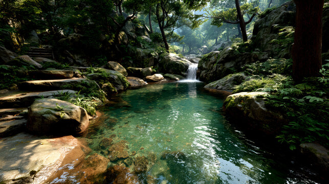 Serene Kikuchi Valley Waterfall Flowing Into Emerald Pool in Japan Forest Landscape