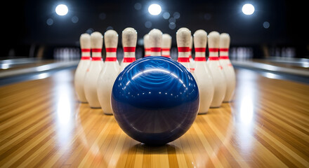 Blue bowling ball poised to strike pins on polished wooden lane