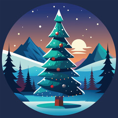 A christmas tree in a winter wonderland with snow and mountains at night