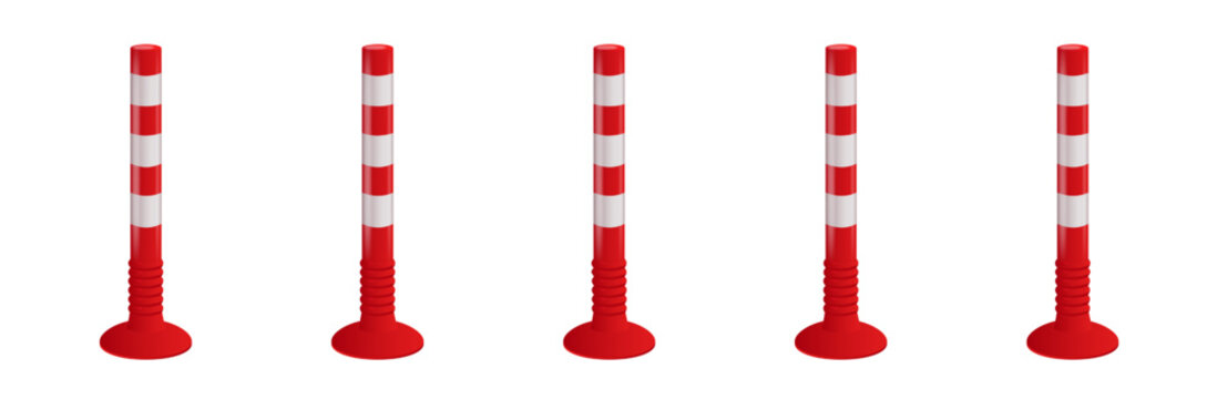 Safety delineator with white stripe. Classic red-orange color. vector road poles. Traffic posts with different types of base.