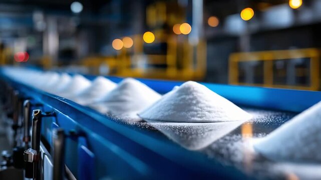 Piles of white sugar crystals on a blue conveyor belt inside an industrial sugar processing plant.