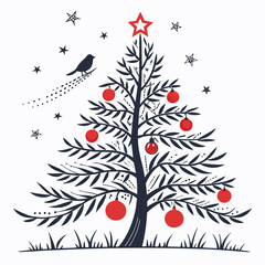 Obraz premium Stylized christmas tree with bird and red ornaments
