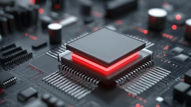 Close-up of a CPU on a motherboard with a glowing red base.