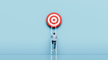 Man climbing ladder towards big bullseye target, ambition, focus, reaching goals - 3d render © BPawesome