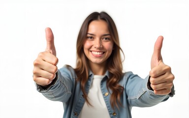 Young woman giving two thumbs up isolated on transparent background. High quality