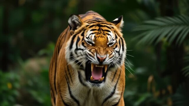 Roaring tiger profile with visible teeth against green foliage