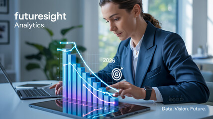 Woman analyzing digital bar graph with target and year 2026 overlay in office business analytics