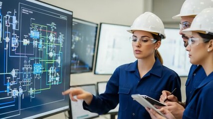 Team of engineers collaborating in a factory control room. Female engineer points to a process diagram on a large screen. Industrial technology and teamwork concept - Powered by Adobe