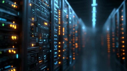 Rows of server racks in a data center with blinking indicator lights. - Powered by Adobe