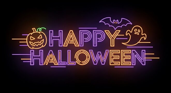 A neon happy halloween sign with pumpkin bat and ghost