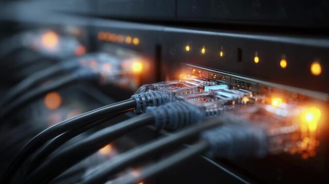 Close-up of a data center network switch with multiple Ethernet cables plugged into ports and glowing indicator LEDs.