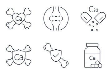 Vector icons calcium and bone health. Editable stroke thin line set of skeleton, joints and spine. Symbols of osteoporosis, orthopaedic care, nutrition. Healthcare pictograms hospital and rheumatology