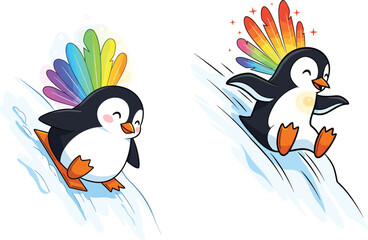 Cartoon penguin vector with rainbow crests sliding on ice, playful winter animal illustration for children, nature, education, and design content