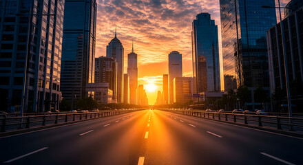 Golden sunset illuminates a vast, empty road leading towards a modern cityscape, evoking a sense of opportunity and urban exploration.