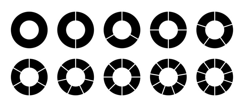 Vector donut charts solid icons. Editable black set of circular diagrams with 1 to 10 segments. Perfect for dashboards, presentations and clean UI design. Simple data visualization graphics