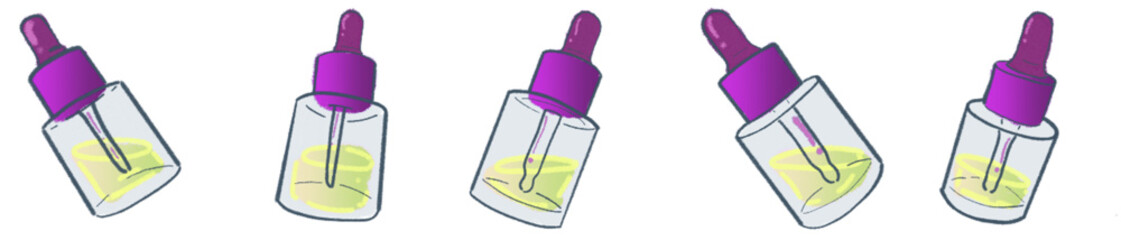 Skincare Dropper Bottle Illustration Set &ndash; Cute Cosmetic Serum and Essential Oil Bottle Vector for Beauty Branding and Packaging Design