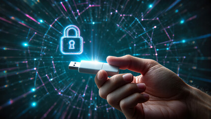 Hand holding usb flash drive with glowing lock icon. Abstract digital background with network connections. Cyber protection concept.