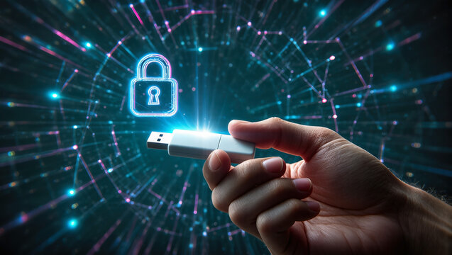 Hand holding usb flash drive with glowing lock icon. Abstract digital background with network connections. Cyber protection concept.