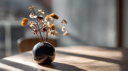 Modern ceramic vase with dried flowers wooden table sunlight © Winston