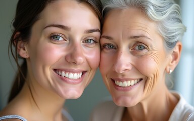 Young woman and her elderly mother take care of their skin and look great,Two generations,Beautiful middle aged mother and her adult daughter,skincare and Aging concept,Comparison of young and old.