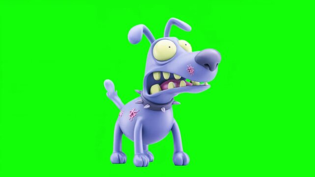 Happy halloween, whimsical 3d cartoon dog zombie  character quirky expression against a bright green background seamless looping video motion 4k, perfect for children's media, animation projects