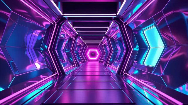 Futuristic hexagonal tunnel illuminated by purple, pink, and cyan neon panels along a reflective floor