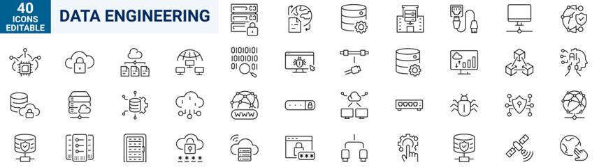 Data Engineering web line icon set. Editable stroke. Vector illustration